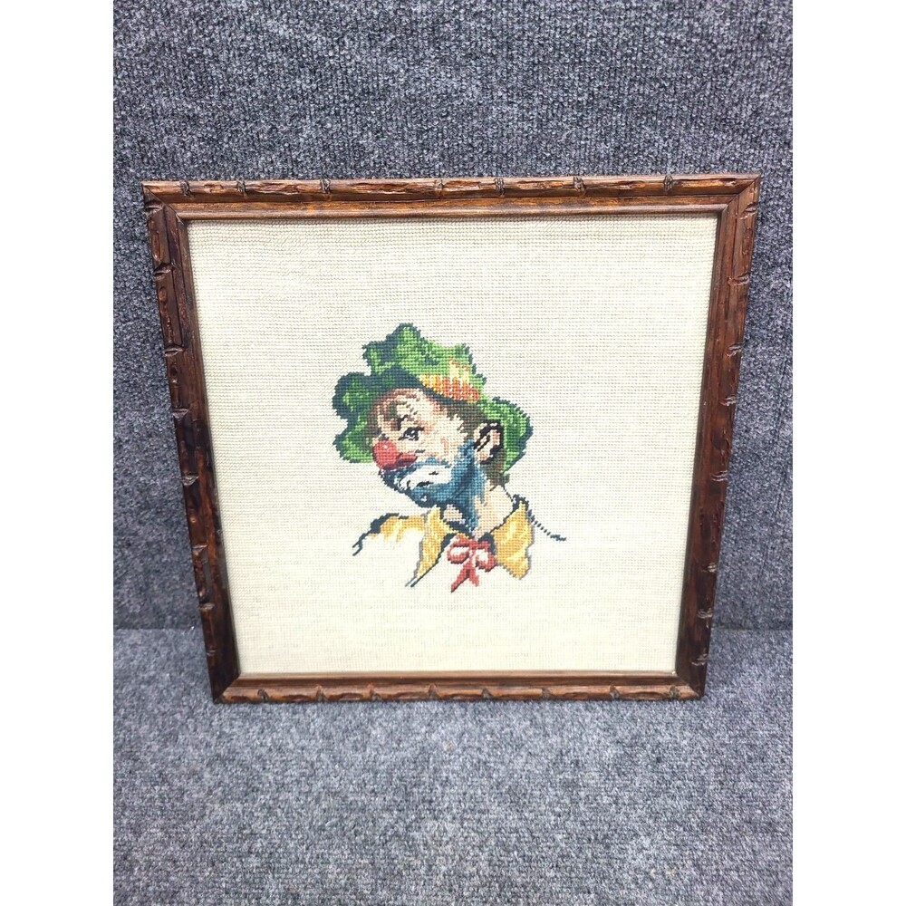 Vintage 17X17 Wooden Framed Needlepoint Clown Mid Century MCM Lois Solla 1979